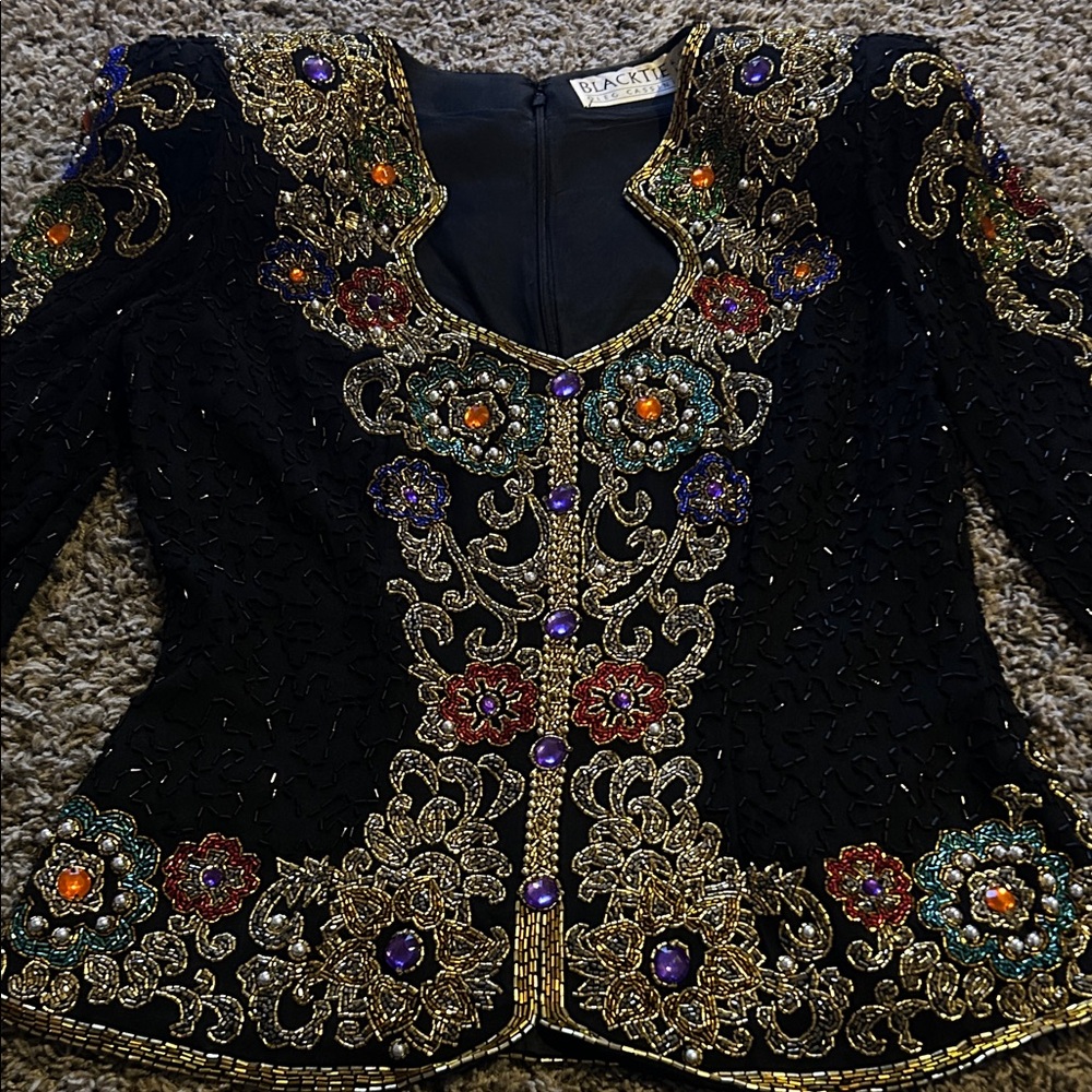 1980s Oleg Cassini Black Tie Multicolor Embellished Top - Picture 2 of 7